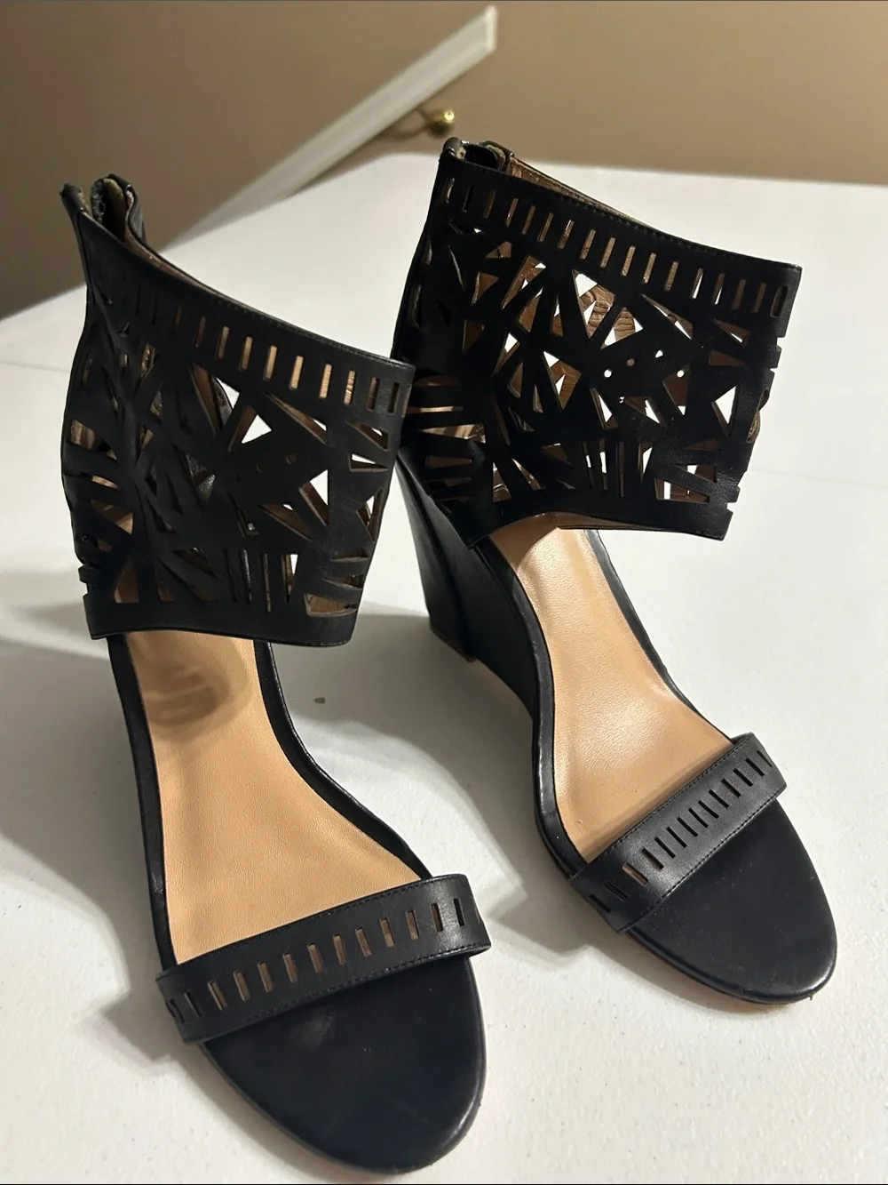 Nicole Miller Black Laser-Cut Wedge Sandals